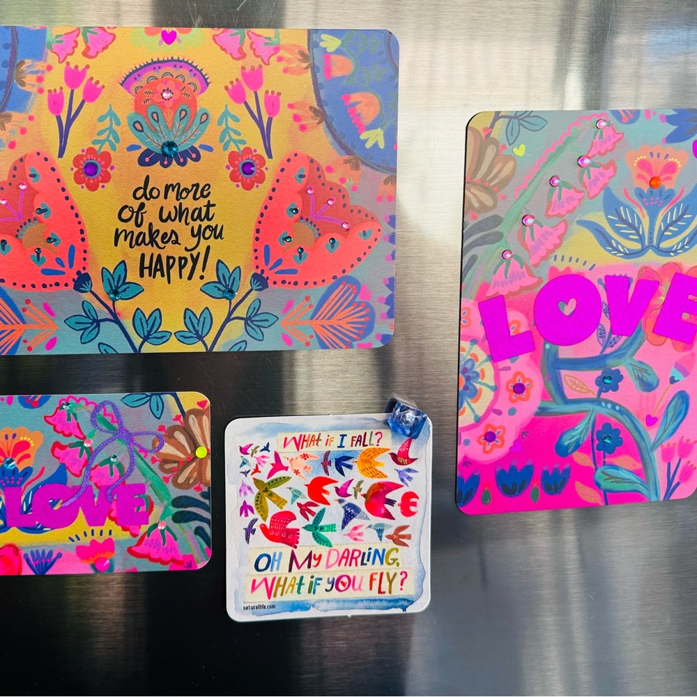 Set of 4 (1 Discontinued Sticker & 3 Natural Life Magnets) in varying sizes.